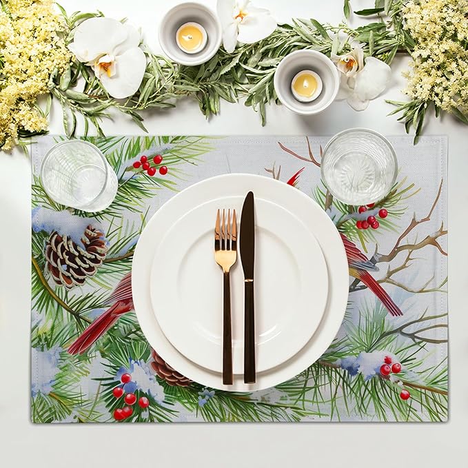 Giwawa Winter Birds Placemats Set of 4, Christmas Tree Holly Berry Pine Cones Place Mat for Kitchen Dining, Xmas Snow Scene Non-Slip Washable Table Mats 12"x18" for Tabletop Holiday Party Decor
