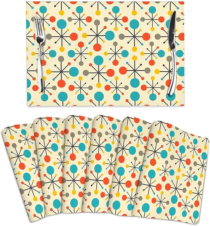 Mid Century Fifties Modern Atomic Retro Table Mats Set of 6 Linen Heat Resistant Washable Placemats for Party Farmhouse Home Kitchen Yellow Decorative 12x18 Inch