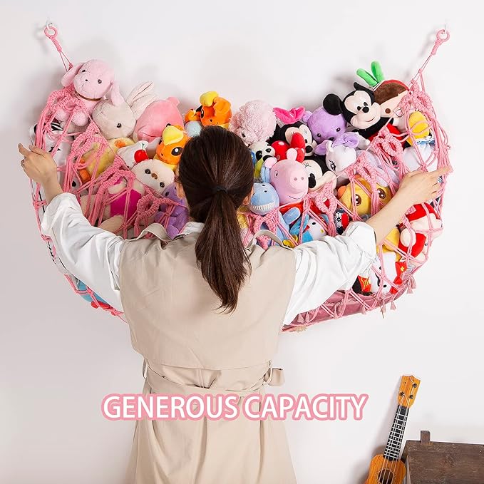 Stuffed Animal Net or Hammock Wall Hanging Net for Stuffed Animal Storage Macrame Toy Display Plush Toy Holder Soft Toy organizer for Nurery Baby Bedroom Playroom-Pink