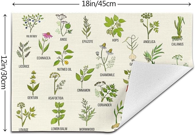 Cute Herbs Botanic Garden Plants Placemats Set of 4 Linen Washable Heat-Resistant Kitchen Table Mats for Dining Outdoor Spring Summer Holiday Home Decor 12x18 Inch