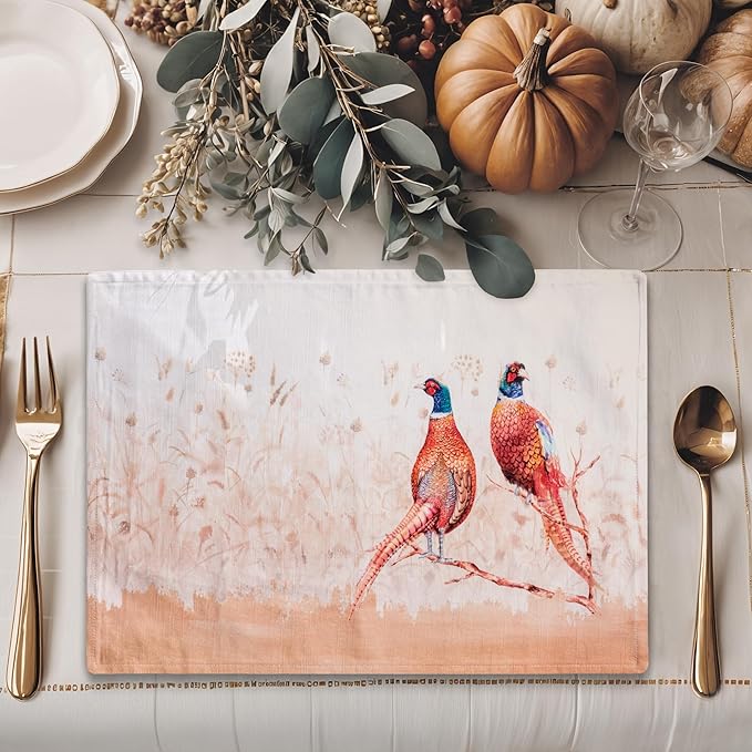 Maison d' Hermine Placemats Set of 4 100% Cotton Washable Cloth Place Mats, Reusable Table Mats for Kitchen Dining Decoration, Party, Wedding, Restaurant (Faisan D'Automne, 13" x 19")
