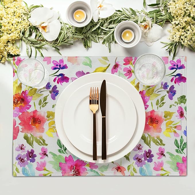 Spring Summer Placemats Set of 4 Washable Non-Slip Heat Resistant 12×18 Inch Spring Floral Watercolor Multicolor Thick Place Mats Decorative Linen Fabric Table Mat for Dining Table Kitchen Home Decor