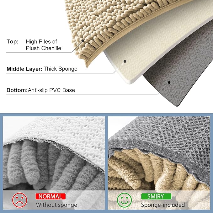 Smiry Luxury Chenille Bathroom Rugs 70x24, Extra Soft and Absorbent Shaggy Bath Mat, Machine Washable, Non-Slip Plush Carpet Runner for Tub, Shower, and Floor, Home Decor Accessories, Beige