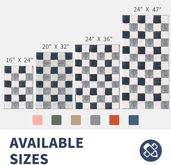 CozeCube Blue Checkered Bath mats for Bathroom Non Slip, Fluffy Absorbent Microfiber Bath mat Washable, Aesthetic Bathroom Rugs, Large Bath mat for Sink, 36" x 24"
