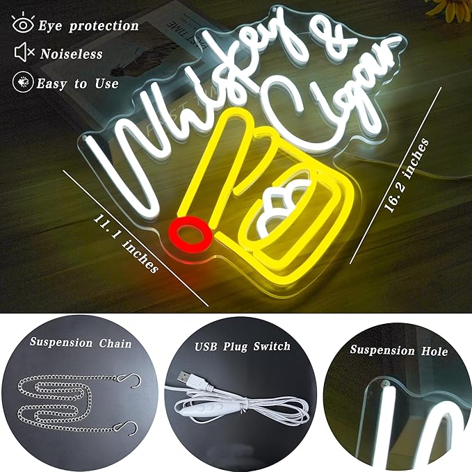Whiskey and Cigar Neon Sign Dimable Large Whiskey Neon Signs for Wall Decor Bar Neon Signs for Man Cave Home Bar Lounge Bedroom Ideal Party Decor and Birthday Gift(16.2×11.1inch)