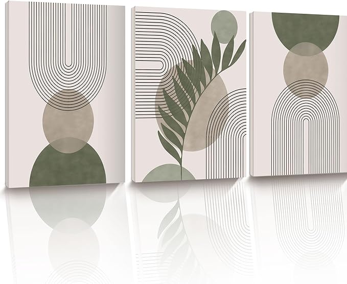 Sage Green Boho Wall Art, 12x16in Framed Canvas Bathroom Wall Art Pictures, Mid-Century Modern Wood Framed Abstract Prints for Bedroom,Minimalist Office Wall Decor 3Pack