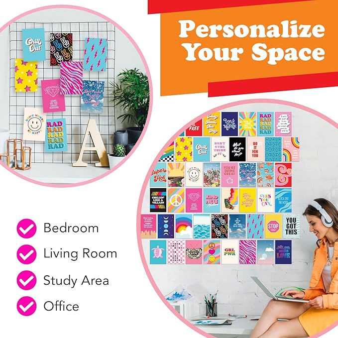 Artivo Bright Indie Collage Kit Aesthetic Pictures, 50 Set 4x6 inch, Colorful Bedroom Decor for Teen Girls, Fun Wall Art for Kids, Dorm Wall Decor, Small Posters for Room (Bright 50 Set)