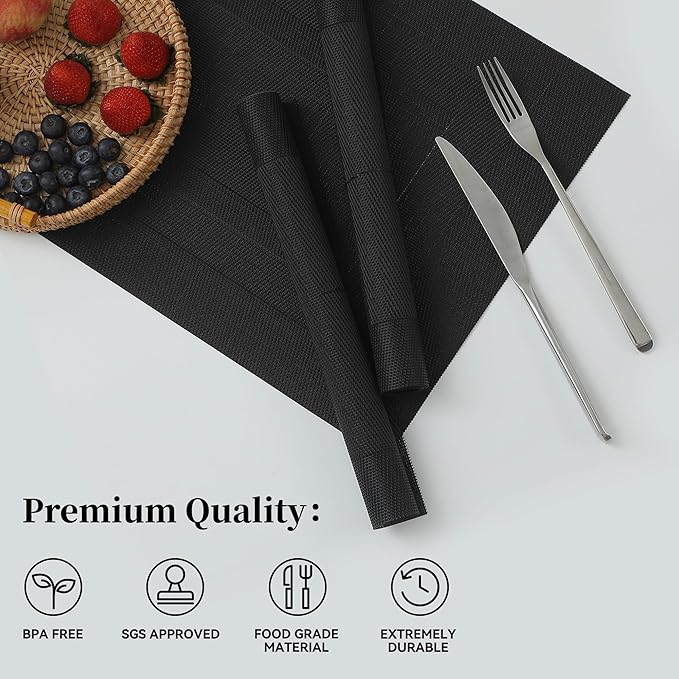 Leetaltree Black Frame Placemats Set of 4 - Heat Resistant Non-Slip Place mats for Dining Table, Washable Durable PVC Vinyl Woven Table Mats(Black Frame, 4)