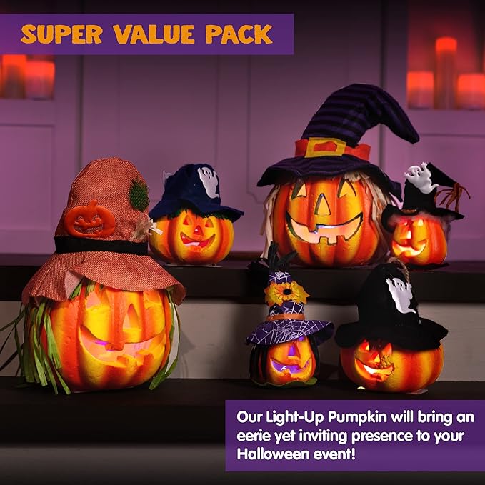 JOYIN 6 Pcs Light Up Pumpkins Halloween Decorations Outdoor Indoor Jack O Lanterns Decor LED Foam Home Large Trick Or Treat Bucket