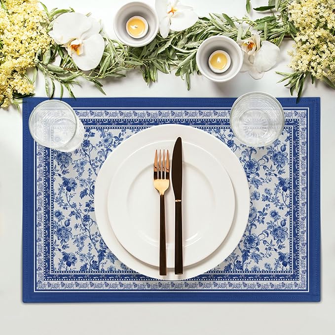 Blue Floral Branches Placemats Set of 4 ,12 x 18 Inch Chinoiserie Table Mats Washable Heat Resistant Linen Fabric Rectangle Place Mat for Indoor Outdoor Kitchen Dining Home Decor