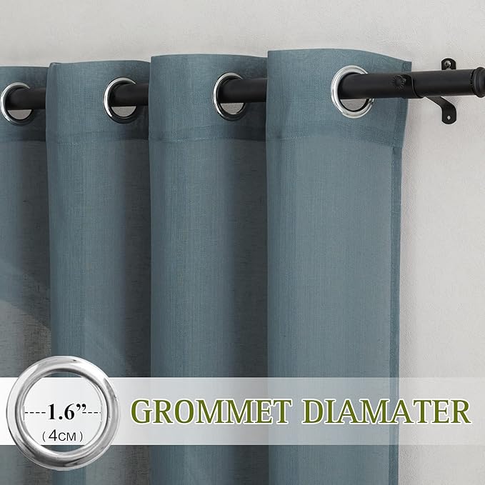 NICETOWN Smoke Blue Linen Sheer Curtains 45 inch Long for Kitchen, Grommet Semi Sheer Linen Curtains & Drapes Privacy with Light Filtering for Bedroom, 2 Panels, W52 x L45
