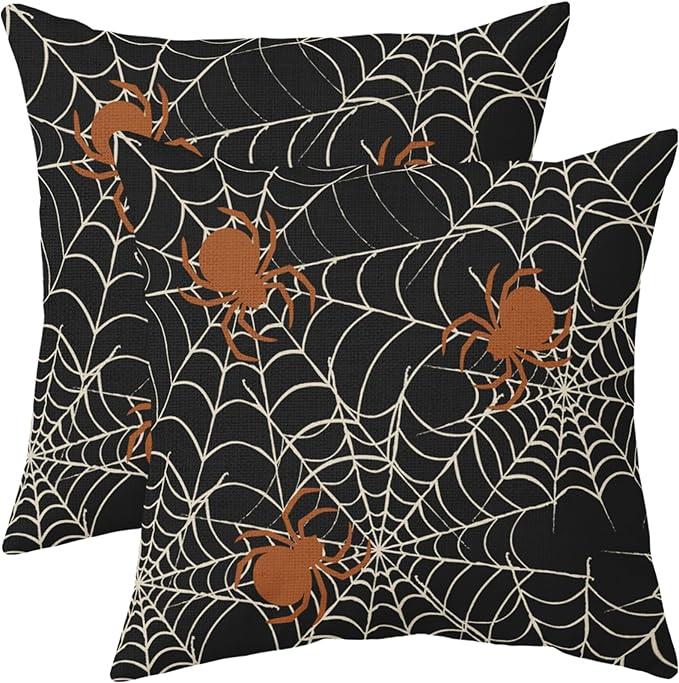 Halloween Spiderweb Pillow Covers 20x20 Set of 2 Black White Spider Web Orange Spider Outdoor Decorative Throw Pillows Scary Farmhouse Pillowcases Linen Cushion Case Decor for Home Sofa Couch Bed