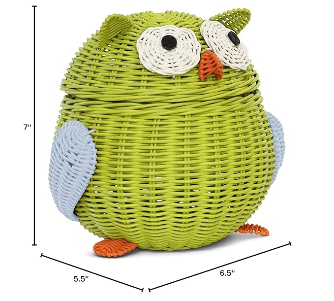 Owl Rattan Storage Basket With Lid Decorative Bin Home Decor Hand Woven Shelf Organizer Cute Handmade Handcrafted Nursery Gift Animal Decoration Artwork Wicker Hoot Owl Green