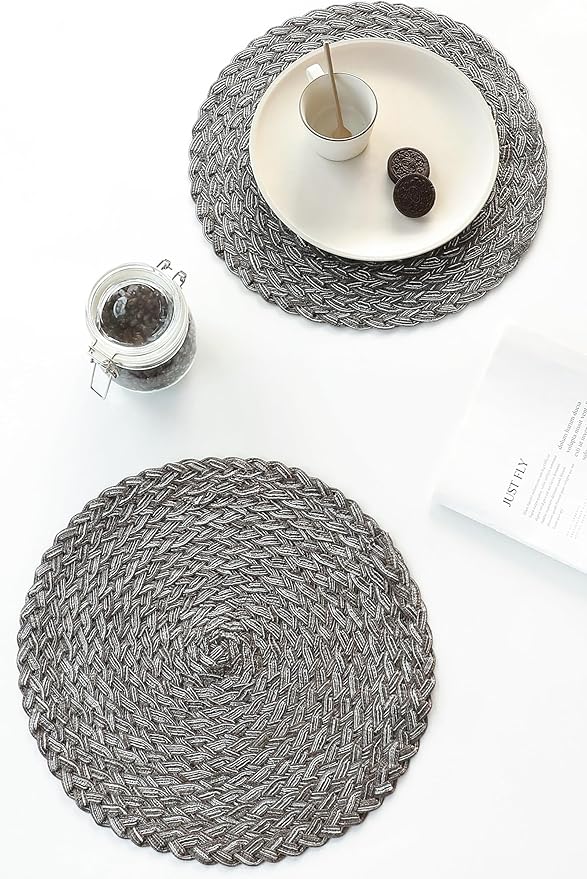 Floroom 15 Inch Round Braided Placemats Set of 6, Washable Heat Resistant Cotton Polyester Circle Boho Place Mats for Kitchen Dining Table - Mist Grey