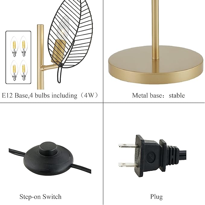 WOXXX Industrial Gold Floor Lamp with 4 Brush Black Finish Leaf Shade, Modern Tree Floor Lamps for Living Room Bedrooms Reading Standing Lamp Living Room Lamps Farmhouse Tall Lamp (4 Bulbs Included)