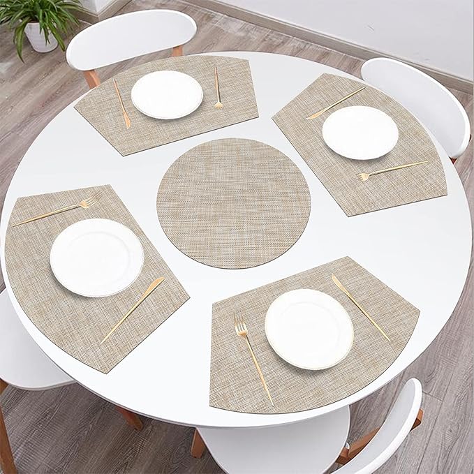 SHACOS Large Size Wedge Shape Placemats with Centerpiece Round Mat Set of 5 Round Table Place Mats Washable Dining Table Placemats Reversible, Beige