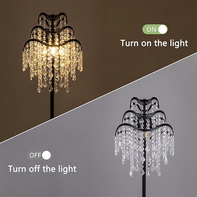 Wellmet Boho Crystal Floor Lamp, Farmhouse Black Crystal Floor Lamp, Crystal Chandelier Floor Lamp for Living Room, Dining Room, Hallway, Bedroom, Reading Room, Office
