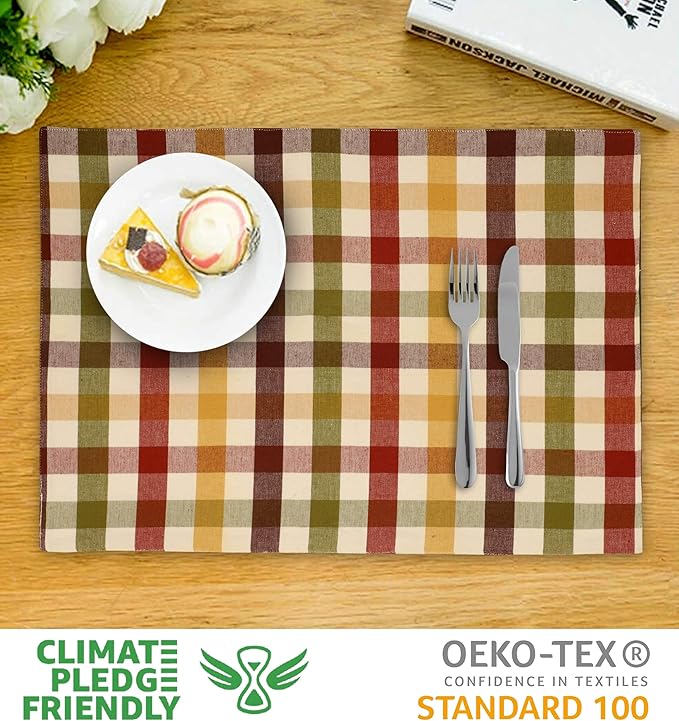 Urban Villa HarvestPlacemats for Dining Set of 6 Over Sized 14''x 20'' Buffalo Check Plaid 100% Cotton Thanks Giving Placemats FallPlacemats Everyday Use Heavier Quality