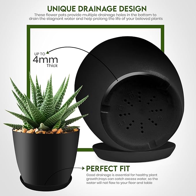 Utopia Home - Plant Pots Indoor with Drainage - 7/6.6/6/5.3/4.8 Inches Flower Pots for Indoor Planter - 5 Pack Plastic Planters - Ideal for Stocking Stuffers or Home Christmas Decorations - Black