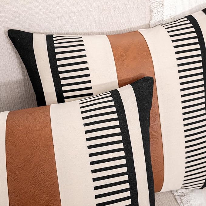 Farmhouse Stripe Pillow Cover 20x20 Boho Accent Cushion Case Faux Leather Decorative Pillowcase,Black and Beige (Cover ONLY, Pack of 2)