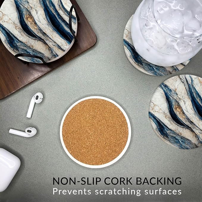 Emerson Coasters for Drinks Absorbent – Set of 6 with Holder, 100% Ceramic Wooden Tabletop Protection Marble Style - Non Slip & Cork Bottom - Heavy Duty (Blue Marble)