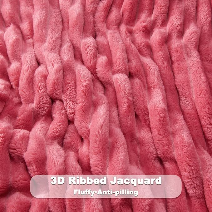 NEWCOSPLAY Super Soft Twin Blanket Coral Pink Premium Silky Flannel Fleece 3D Ribbed Jacquard Lightweight Bed Blanket All Season Use (Coral Pink Ribbed, Twin(60"x80"))