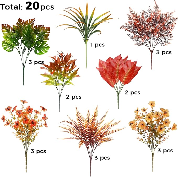 20 Bundles Artificial Fall Flowers for Outdoor Decoration, Fake Plants Faux Mums Flowers UV Resistant Daisy Boston Fern Fall Stems for Autumn Planters Window Box Garden Porch Indoor Home Decor