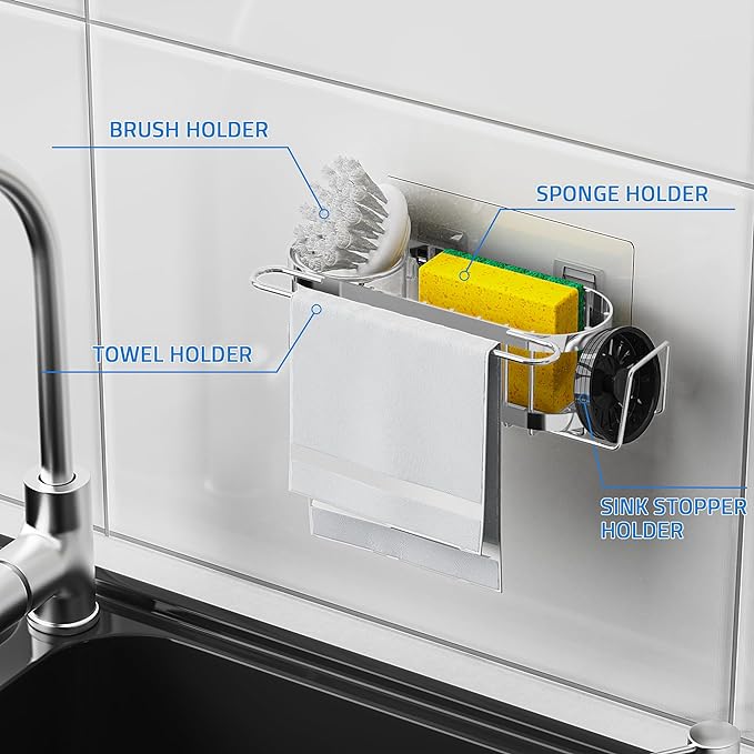 Cisily Kitchen Sink Caddy Sponge Holder in The Sink, Stainless Steel Kitchen Sink Organizer, Brush Holder, Dish Cloth Hanger, Sink Stopper Holder with 2 Installation Ways (Suction & Adhesives, Silver