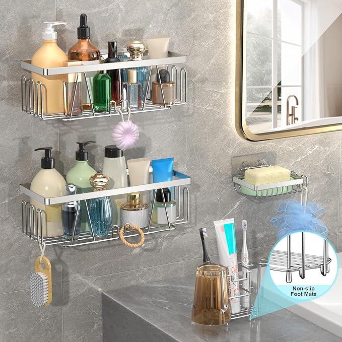 STEUGO Adhesive Shower Shelf, 5 Pack Shower Caddy with Soap Holder and Toothbrush Holder, Drill-Free Shower Shelves, Rustproof Stainless Steel Bathroom Shower Caddy,Silver