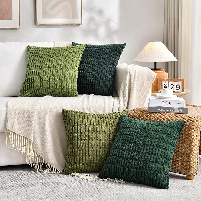 Fancy Homi 4 Packs Hunter Green Decorative Throw Pillow Covers 20x20 Inch for Couch Bed Sofa, Forest Green Boho Home Decor, Soft Plush Corduroy Cute Emerald Green Square Cushion Case 50x50 cm