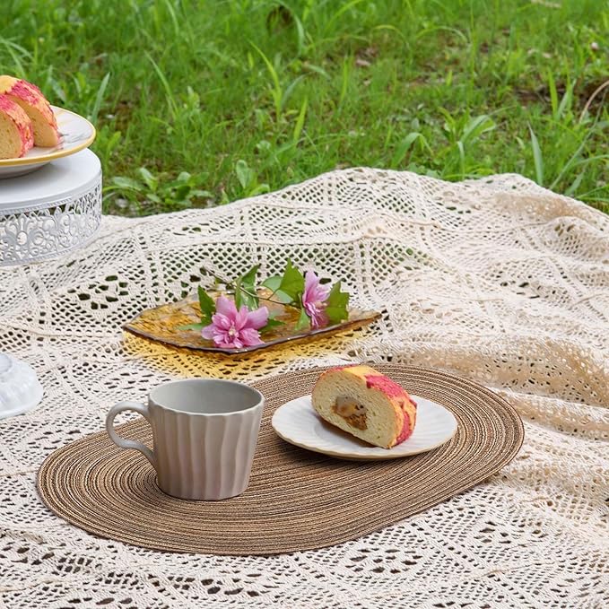 Noctiflorous Oval Braided Placemats Set of 8 Woven 12x18 Inch Non Slip Washable Heat Resistant Place Mats Round Tablemats for Dining Kitchen Party Daily Table Decor Dinner Mats (12 Brown, 8)