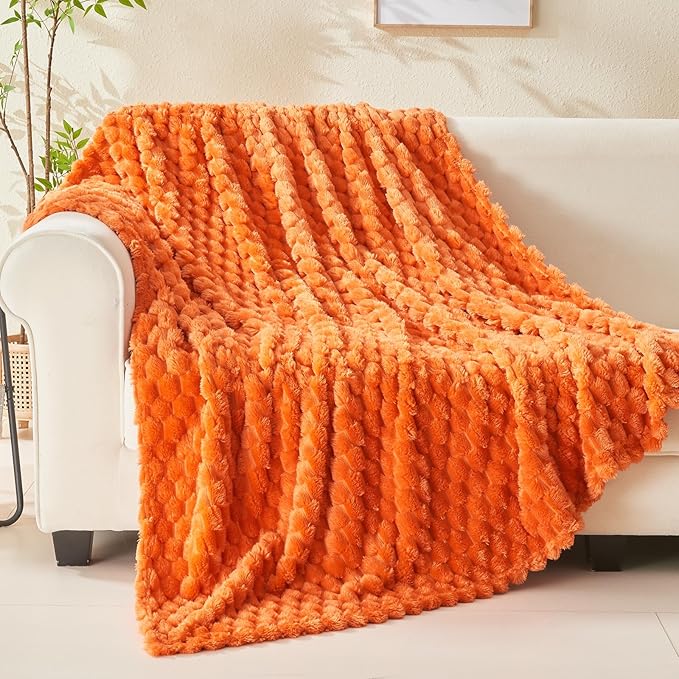 NEWCOSPLAY Super Soft Fall Twin Blanket Orange Premium Silky Flannel Fleece 3D Clouds Stylish Jacquard Lightweight Bed Blanket All Season Use 350GSM (Orange, Twin(60"x80"))
