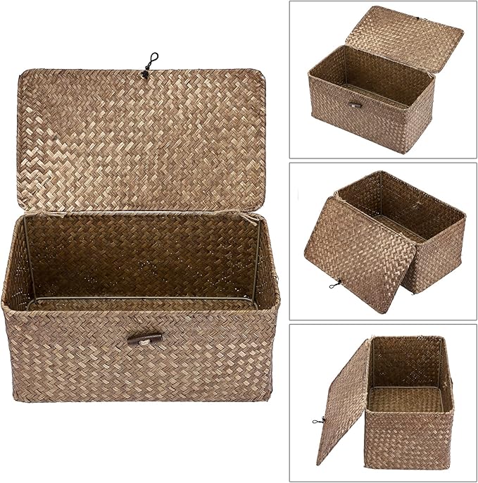 Hipiwe Wicker Shelf Baskets Bin with Lid, Handwoven Seagrass Basket Storage Bins Rectangular Household Basket Boxes for Shelf Wardrobe Home Organizer, Coffee Medium