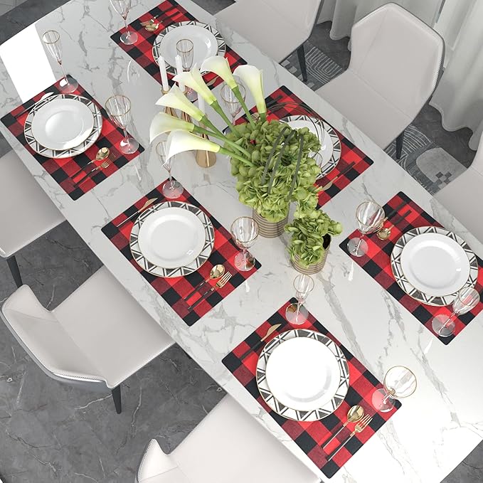 Red & Black 2 Side Cotton Buffalo Check Placemats Set of 4 Heat Resistant Dining Table Place Mats for Kitchen Table, 12 x 18 inches
