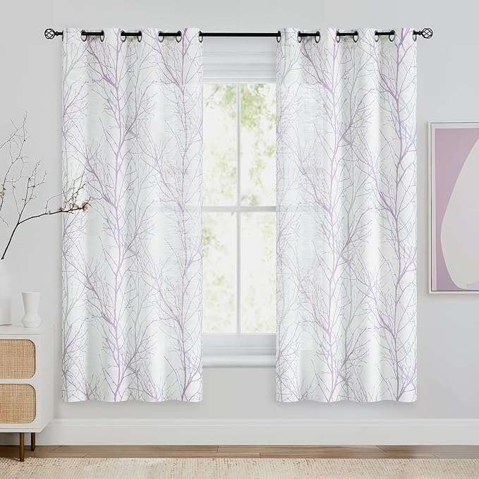 FMFUNCTEX Linen Semi Sheer Curtains for Bedroom, Lilac White Curtains 63 Inches Long for Living Room, Grey Tree Branch Patterned Curtain Light Filtering Farmhouse Window Drapes, Grommet Top 2 Panels