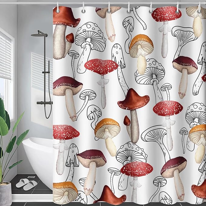 AILONEN Cartoon Mushroom Shower Curtain,Modern Shabby Chic Plants Fungus Themed Waterproof Bath Curtain,Minimalist Curtain for Bathroom Decor, 72" W x 78" H