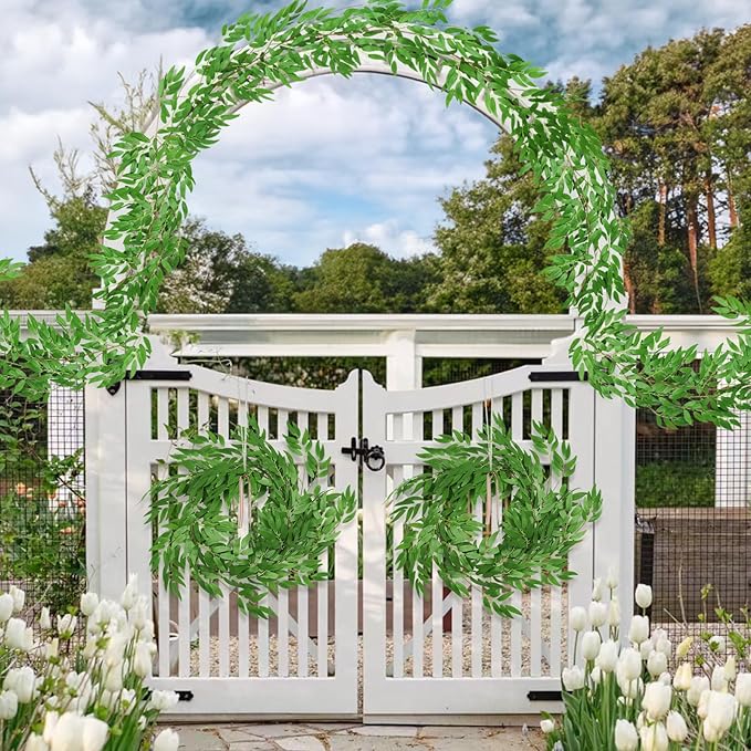 RECUTMS Artificial Willow Leaves Garland 2 Pcs Fake Hanging Vines Plants Artificial Silk Ivy Greenery 6.5 Ft Faux Evergreen Wreaths for Wedding Indoor Outdoor Garden Party Table Decor (Light Green)
