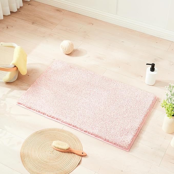 Douceur Pink Bathroom Rugs Non Slip, Luxury Thick Plush Shaggy Bath Mats Washable, Fluffy Absorbent Bath Rugs for Bathroom, Quick Dry Shower Mat Gifts, 24" x 16"