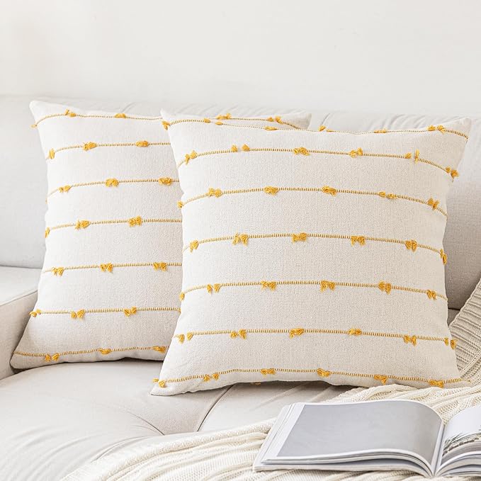 Boho Throw Pillow Covers 26x26 Set of 2 Modern Farmhouse Decorative Cushion Case Tufted Square Pillows Cover Neutral Pillow Cases Accent Pillowcase for Sofa,Couch,Bed,Beige and Yellow