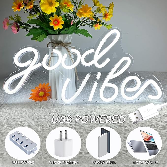 Good Vibes Neon Sign, LED Neon Signs for Wall Decor, White Neon Lights for Bedroom & Party Art Decor, USB Powered Bright Neon Light for Lover, Friends