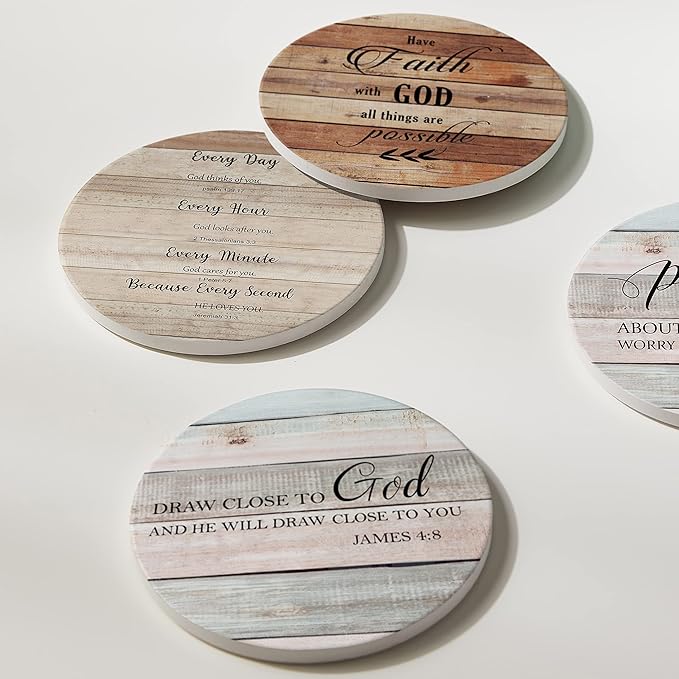 Coasters for Drinks with Bible Verses, Set of 6 Absorbent Drinks Coasters with Holder, Christian Gifts