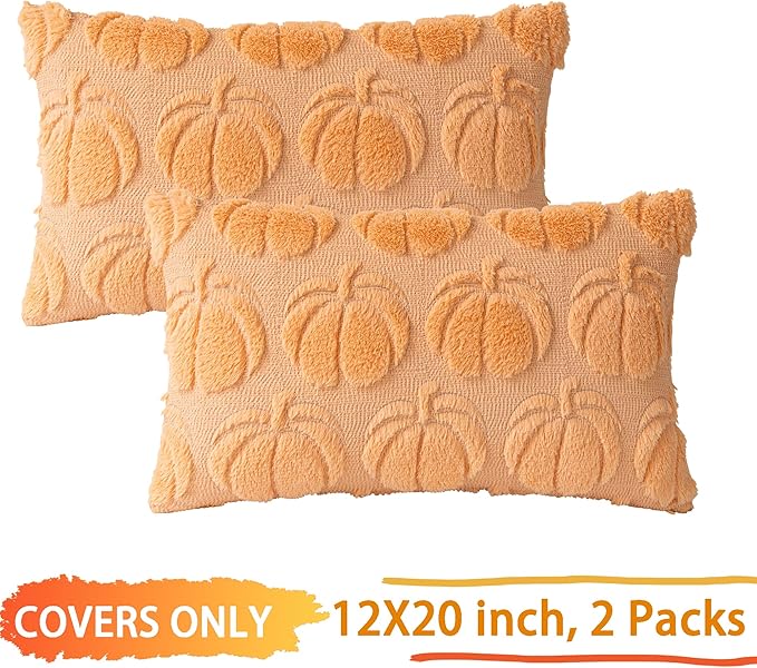 Pumpkin Fall Decorative Throw Pillow Covers 12"x20", Set of 2 Light Gold Soft Faux Fur Pillow Covers for Autumn Harvest, Fluffy Plush Accent Pillow Cases for Farmhouse Couch Cushion Covers