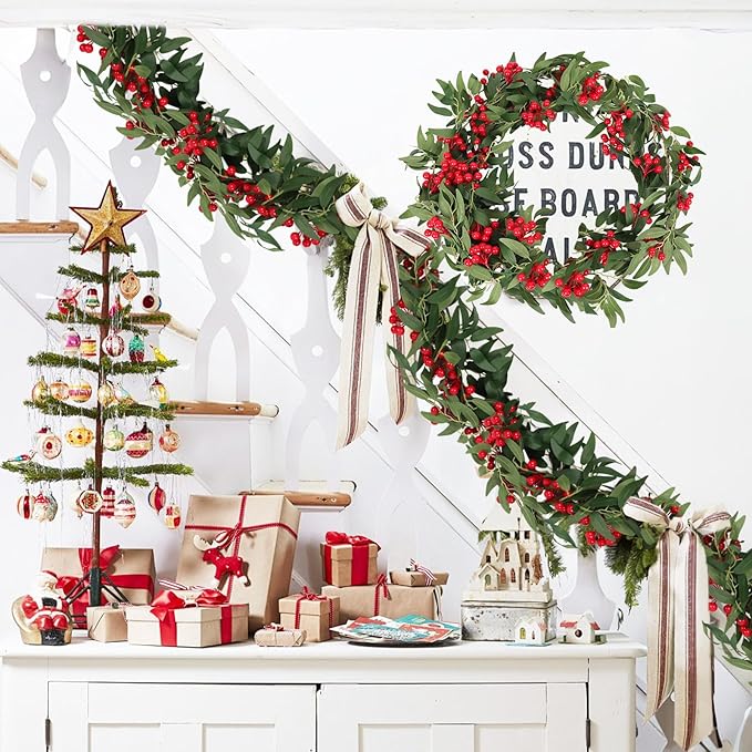 Artificial Hanging Willow Vines with Red Berry Christmas Garland 2Pcs-6FT Faux Hanging Willow Leaf Ivy Red Berries Greenery Rattan Christmas Wedding Party Wall Mantel Home Winter Indoor Outdoor Decor