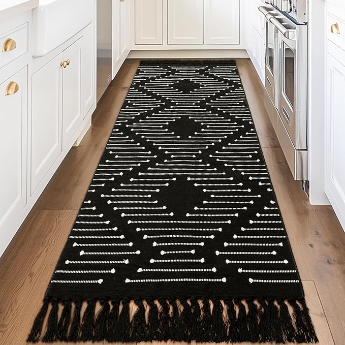 Tritard Boho Runner Rug 2x8 - Lightweight Washable Long Hallway Rug with Tassel, Thin Woven Farmhouse Kitchen Runner Rugs Cotton Aztec Indoor Carpet for Entryway, Laundry, Bathroom, Black and White