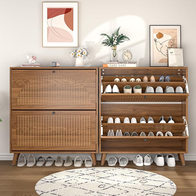 Shoe Storage Cabinet for Entryway with 2 Flip Drawers, Narrow Wood Shoe Cabinet with Fluted Panel, Freestanding Hidden Shoe Organizer for Foyer, Hallway (Walnut)