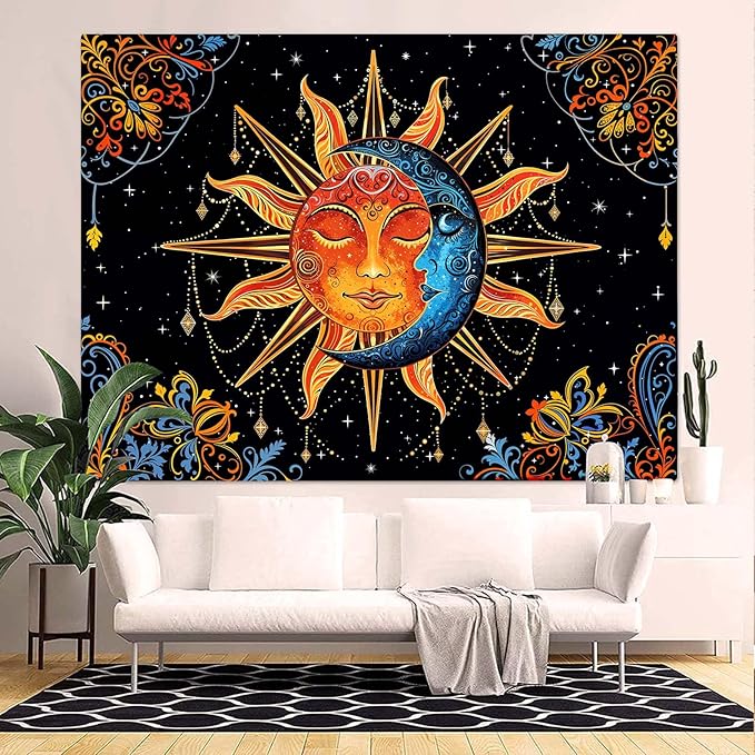 Lunerfex Sun and Moon Tapestry Mandala Wall Tapestry, Cute Tapestries for Bedroom Ceiling Tapestries Wall Hanging for Bedroom Living Room Wall Decor Sun-1 70"x90"