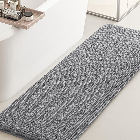 ACCUMTEK Striped Light Grey Bathroom Rug Mat 70"x24" Ultra Soft, Non Slip Chenille Bath Rugs, Absorbent Plush Shaggy Bath Mats for Bathroom, Bedroom, Kitchen, Shower, Tub,Light Gray