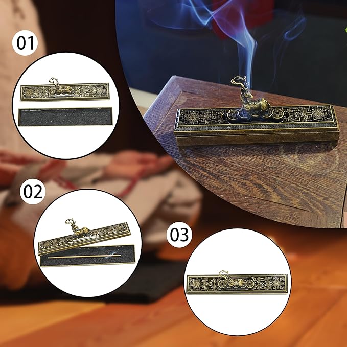 Windproof Copper Incense Holder - Chinese Style for Sticks up to 5.5 Inches, Perfect for Home Altar, Yoga Studio, Temple & Meditation,Deer-1