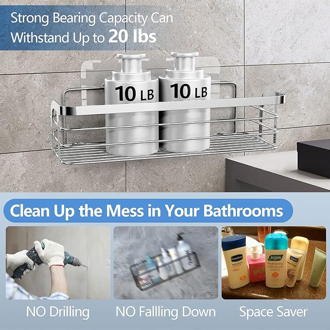 Adhesive Shower Caddy 2 Pack Shower Organizer Shelf, No Drilling Stainless Steel Bathroom Storage Rack for Inside Shower Shampoo Conditioner Holder,Silver (Shower Caddy Sliver)