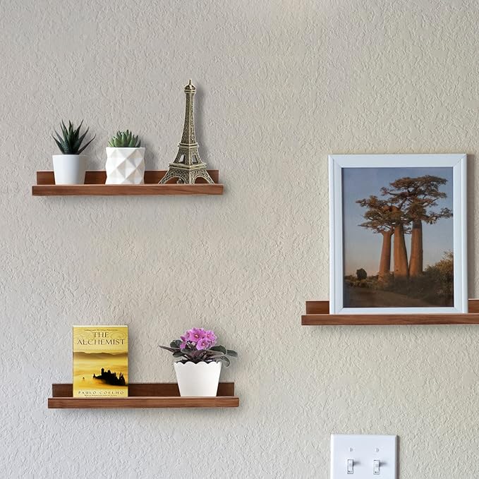 MBYD 16 Inch Wood Floating Shelves Wall Mounted Light Walnut Picture Ledge Shelf Nursery Book Shelves for Home Decor for Bedrooms, Office, Living Room, Kitchen, 3 Same Sizes